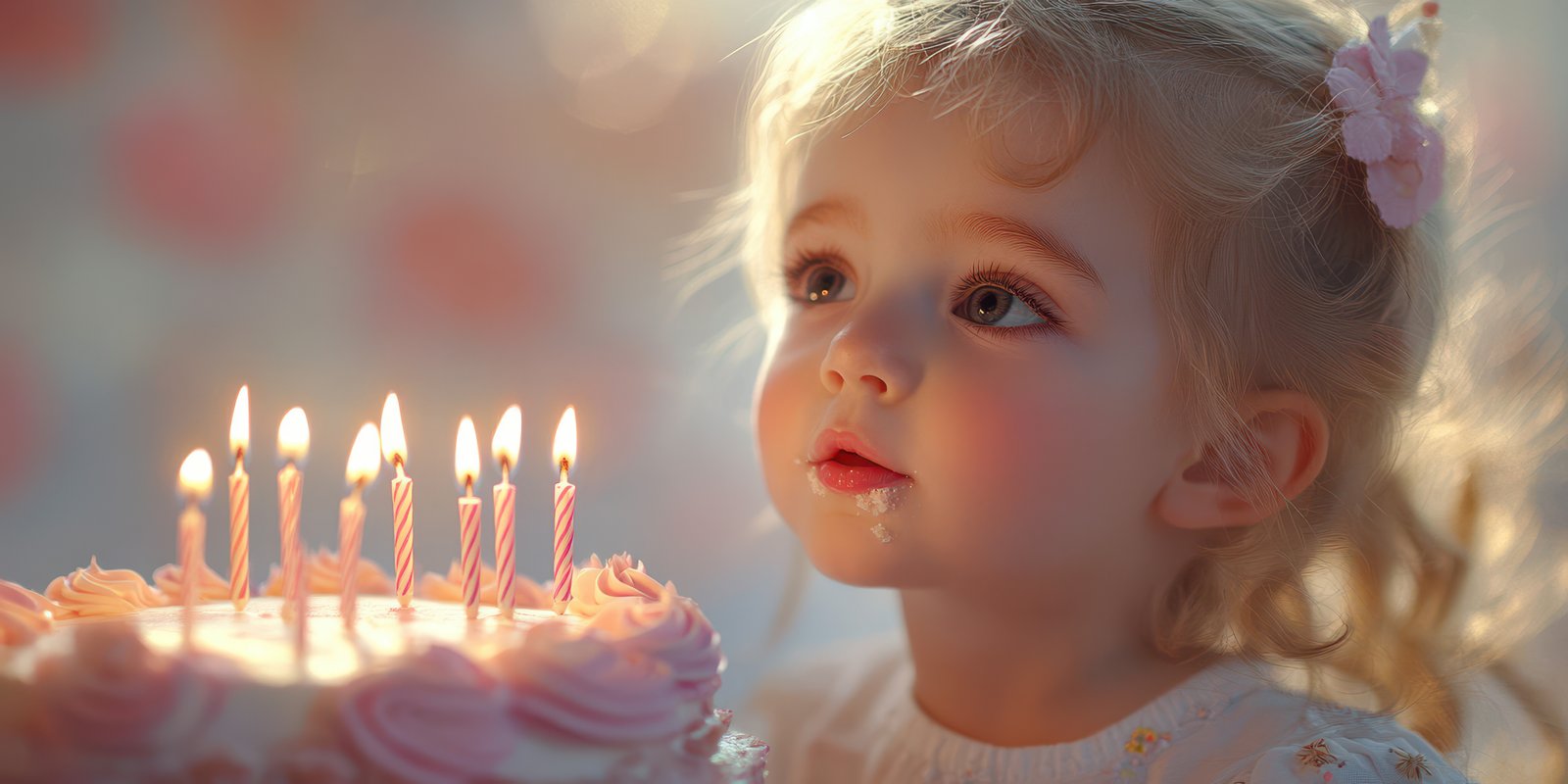 Young child looks at birthday cake with candles, celebrating a memorable moment during an afternoon party at home